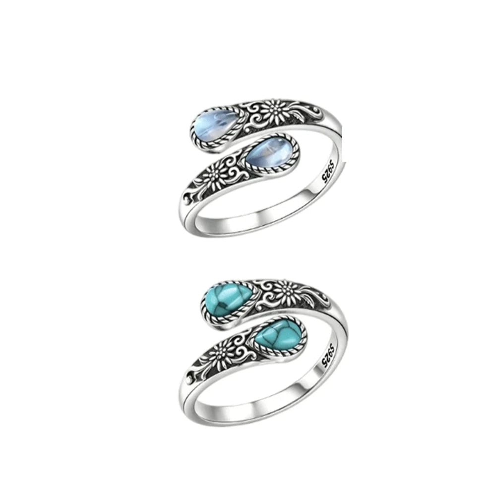 Anillo Vintage Daisy LUNARÉ set 2 anillos plata S925 piedra luna y turquesa